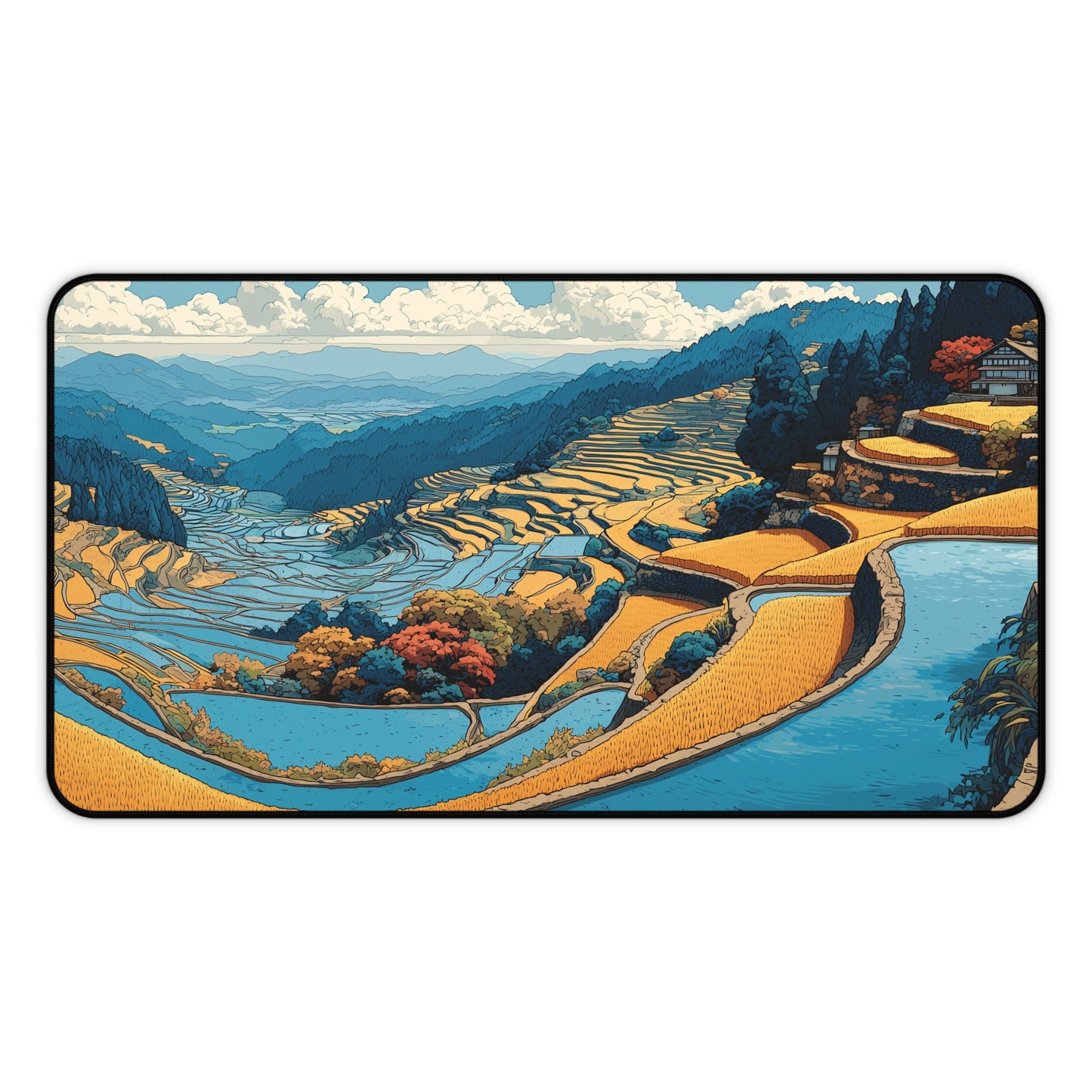 Japanese Desk Mat: Rice Fields Landscape Mouse Pad XL