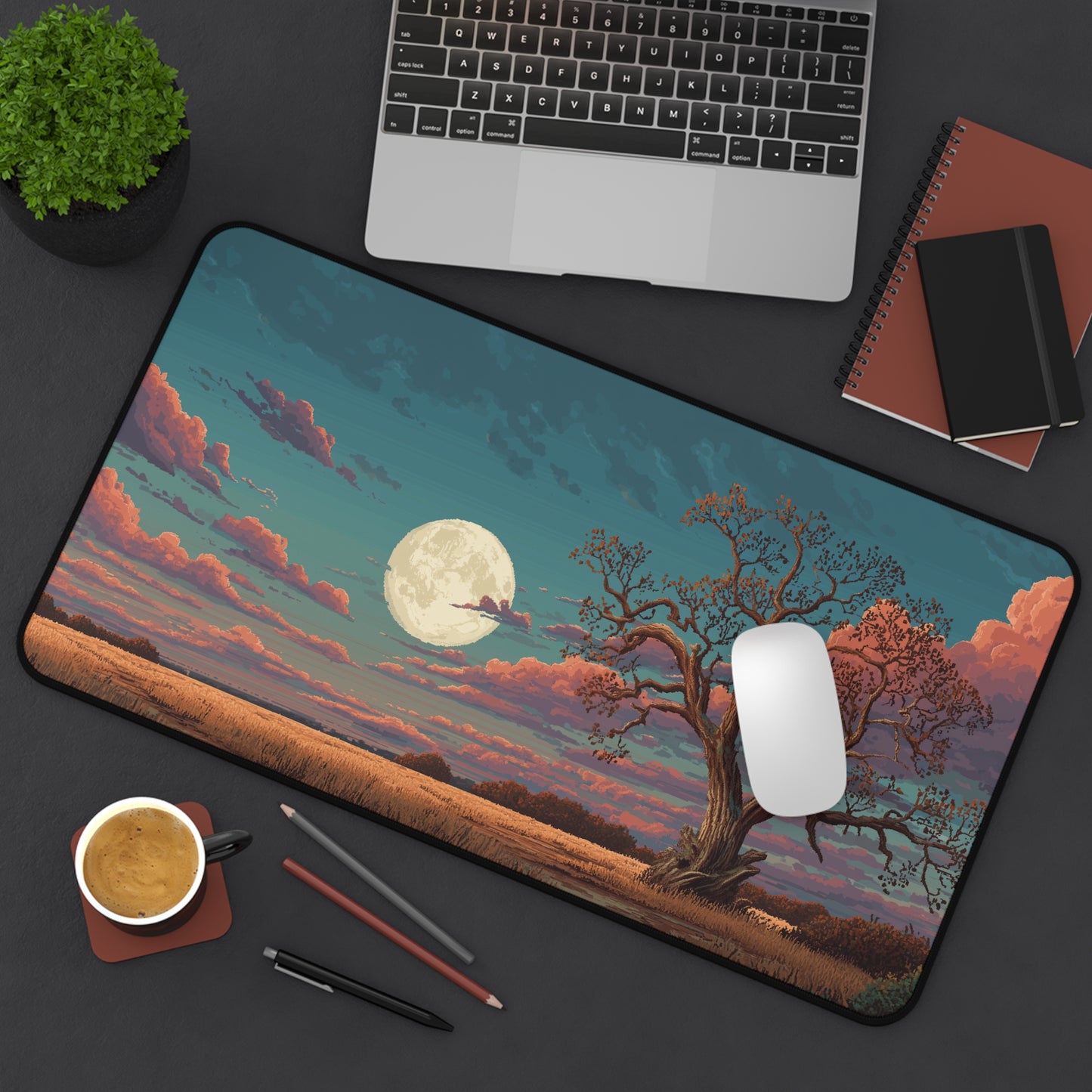 Pixel Art Desk Mat: Moonlit Tree Mouse Pad XXL