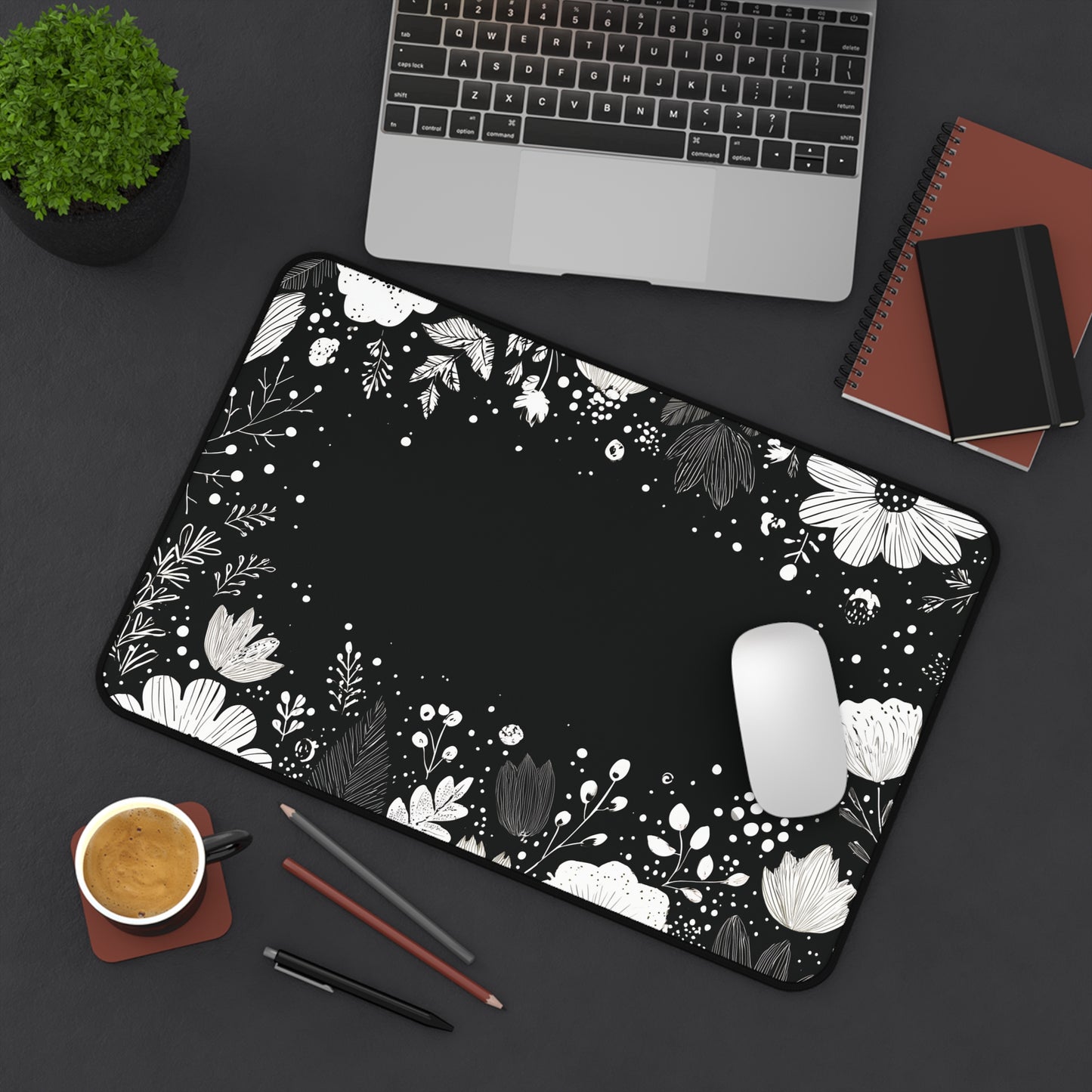 Night Garden Desk Mat: Whimsical White Flowers on Black