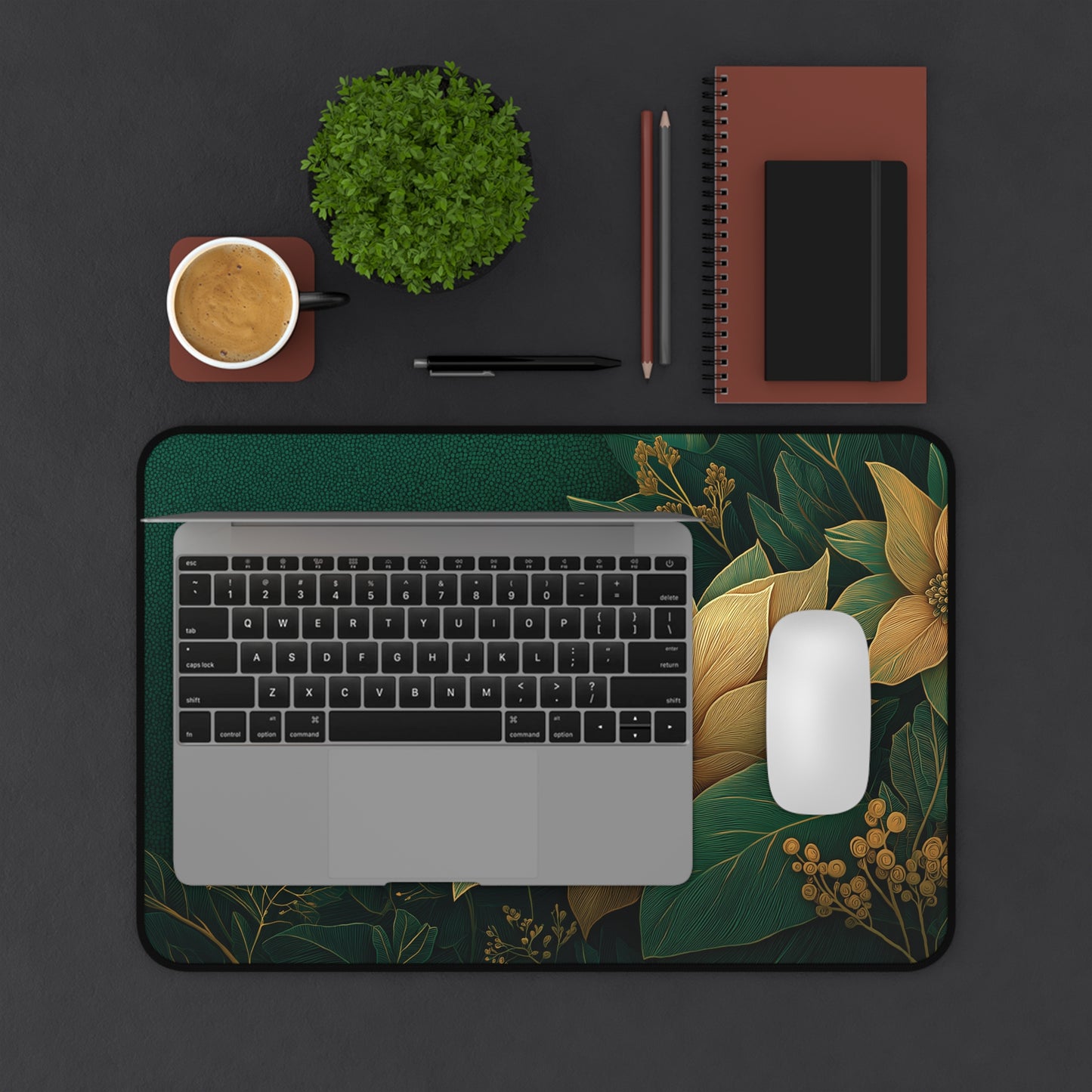 Floral Christmas Desk Mat, Green & Gold Festive Desk Pad