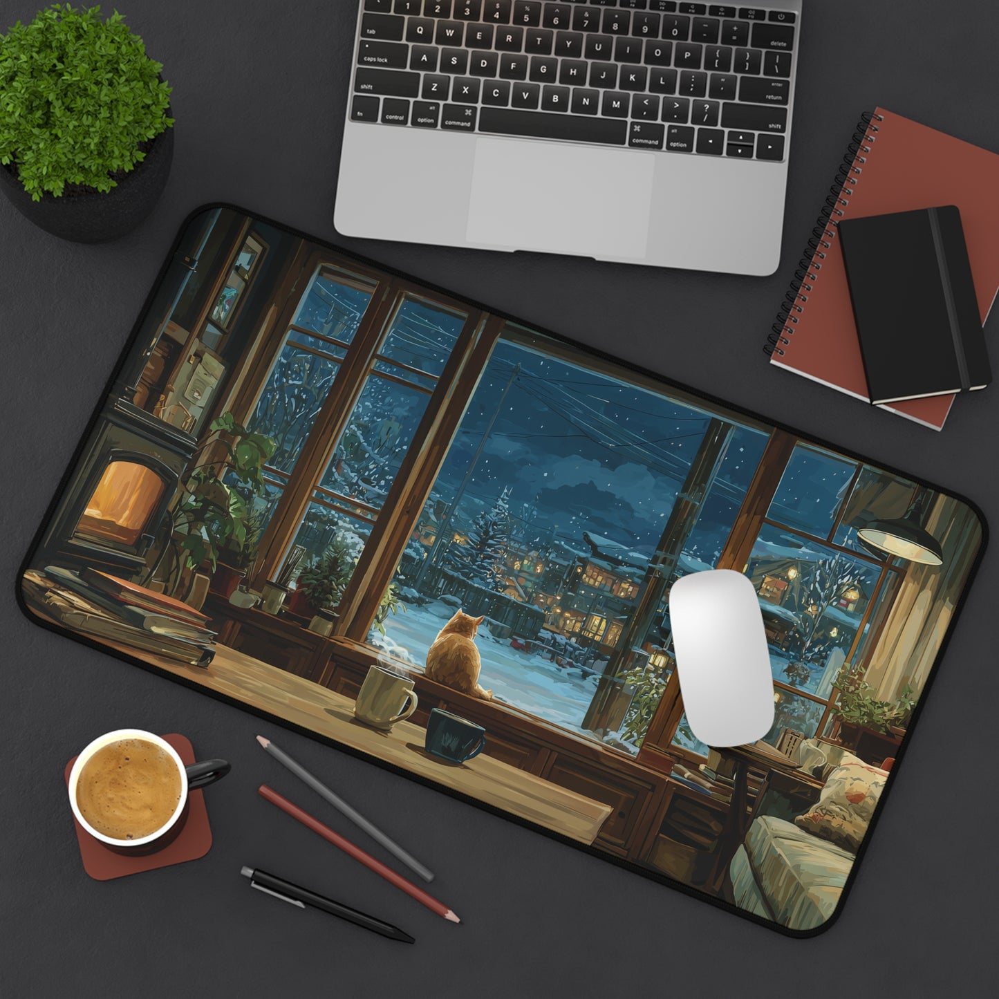 Cozy Winter Cat Desk Pad Anime Style, Christmas Office Decor