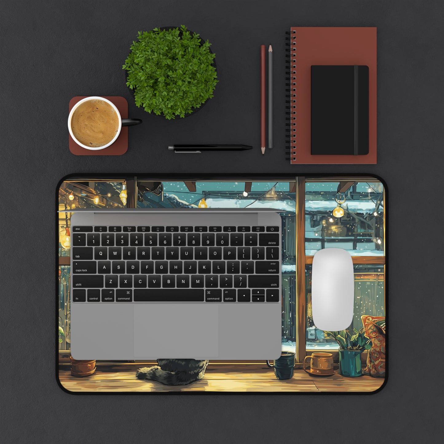 Cozy Cat Desk Mat, Anime Style Snowy Desk Pad for Cat Lovers