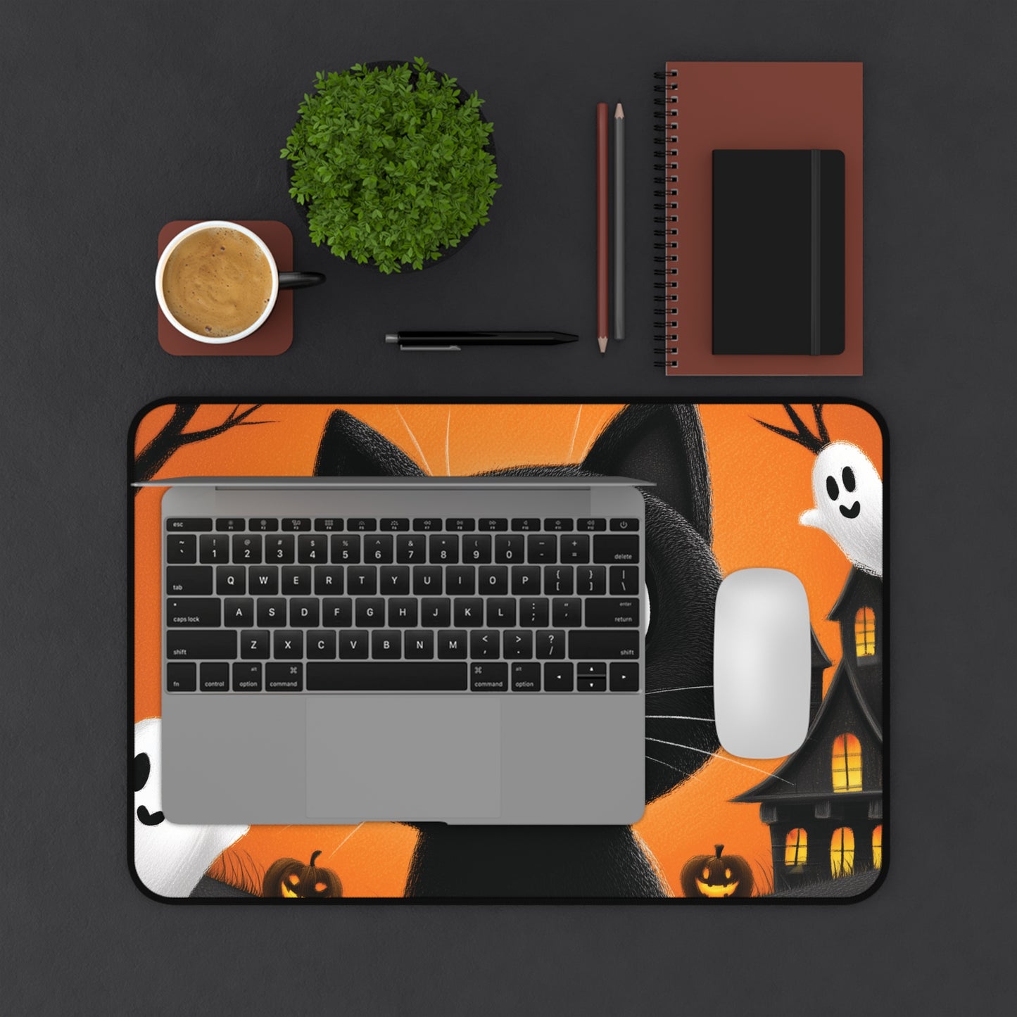 Spooky Black Cat with Ghosts Desk Mat for Halloween