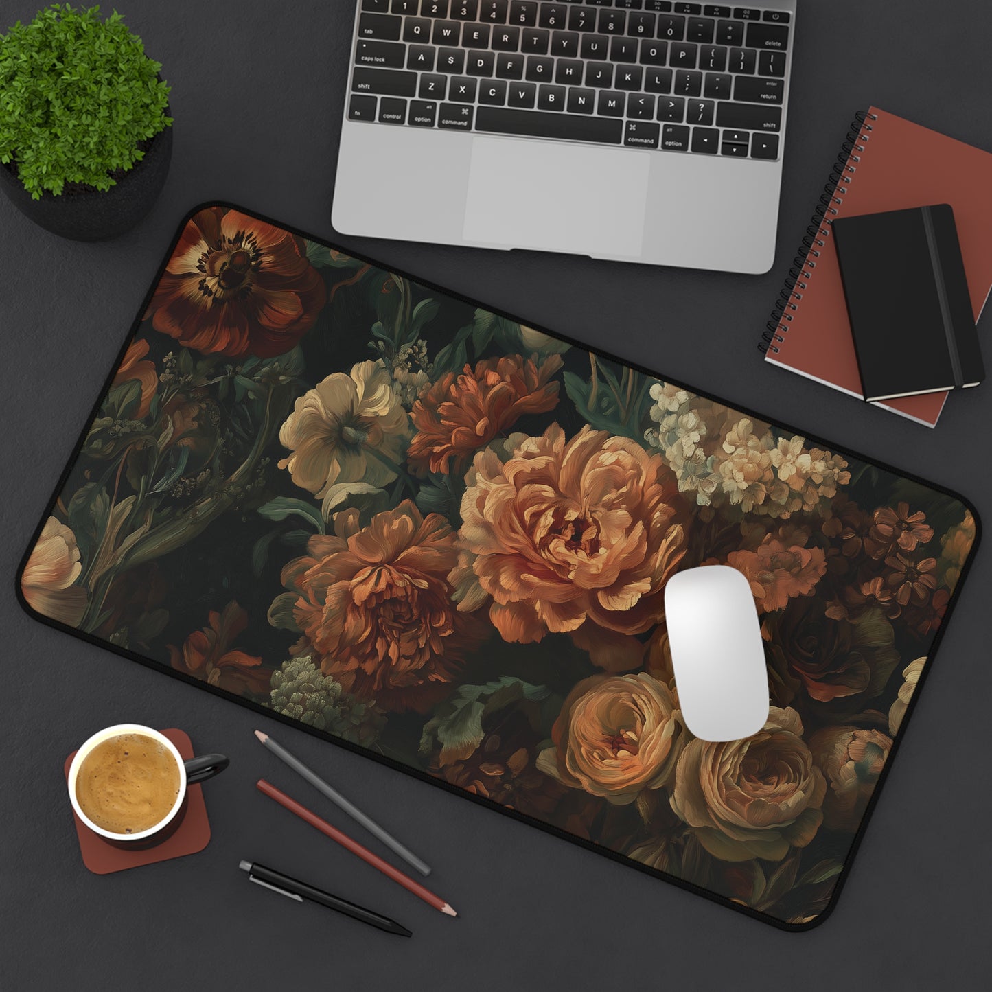 Artistic Floral Desk Mat, Vintage Rococo Flowers Mouse Pad, Elegant Desk Decor