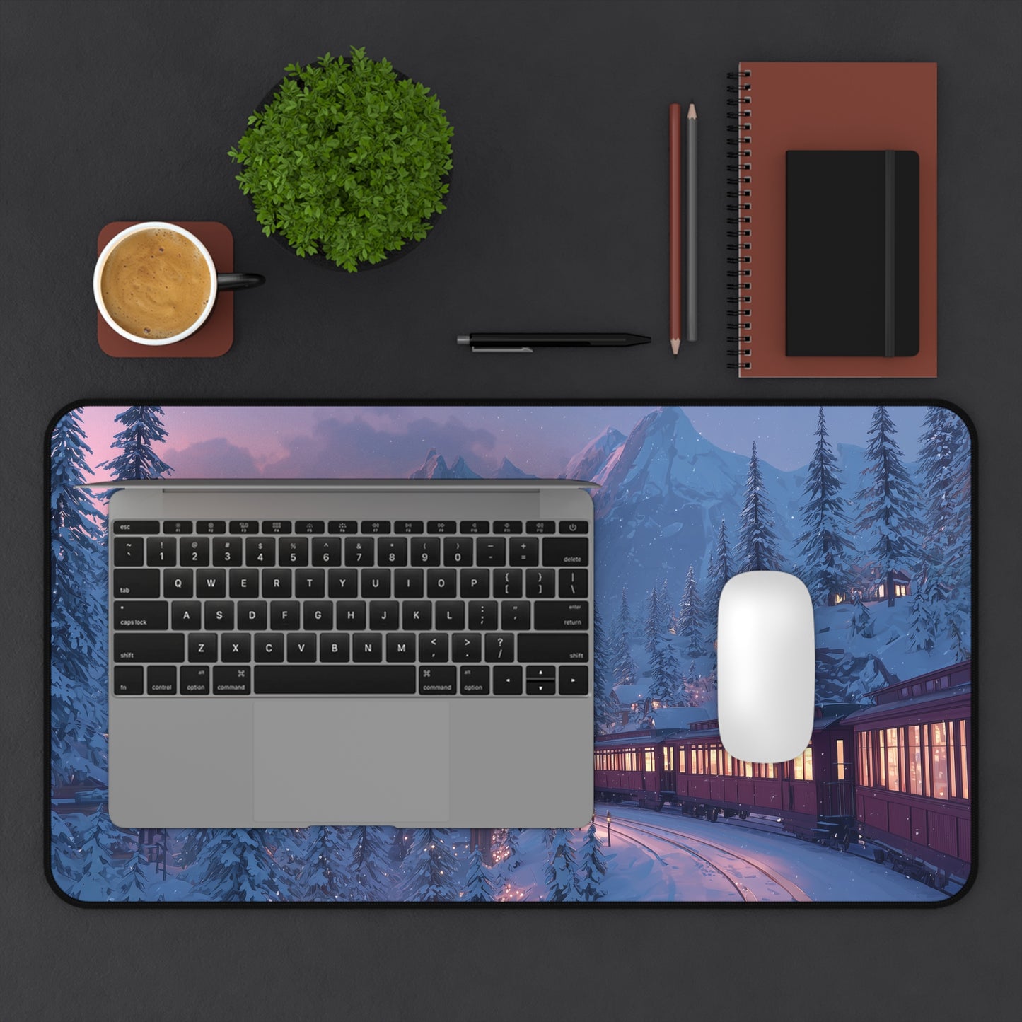 Christmas Winter Landscape Desk Mat, Red Train Desk Pad