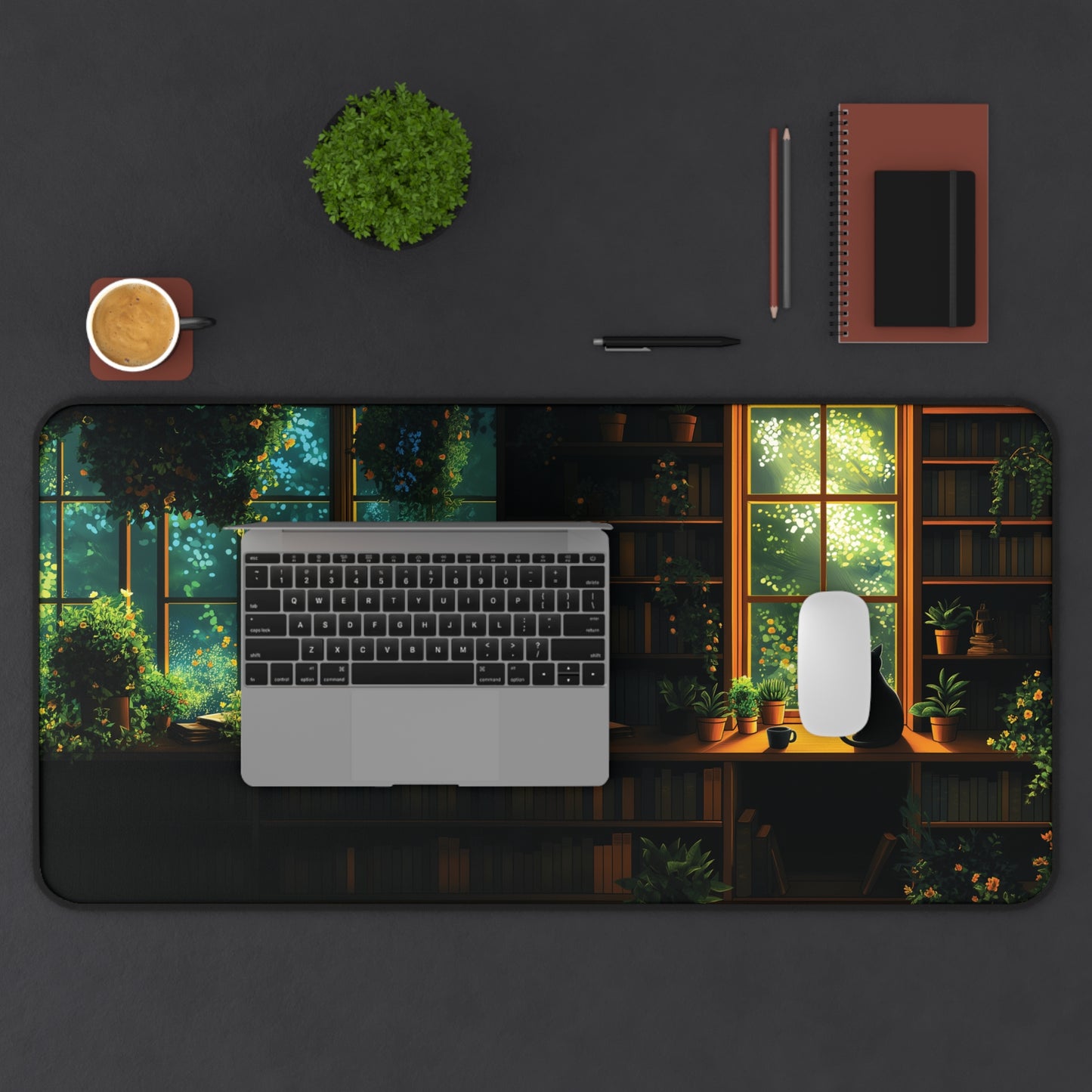 Cat Library Desk Mat, Cat and Plants Desk Pad, Dark Academia Keyboard Mat