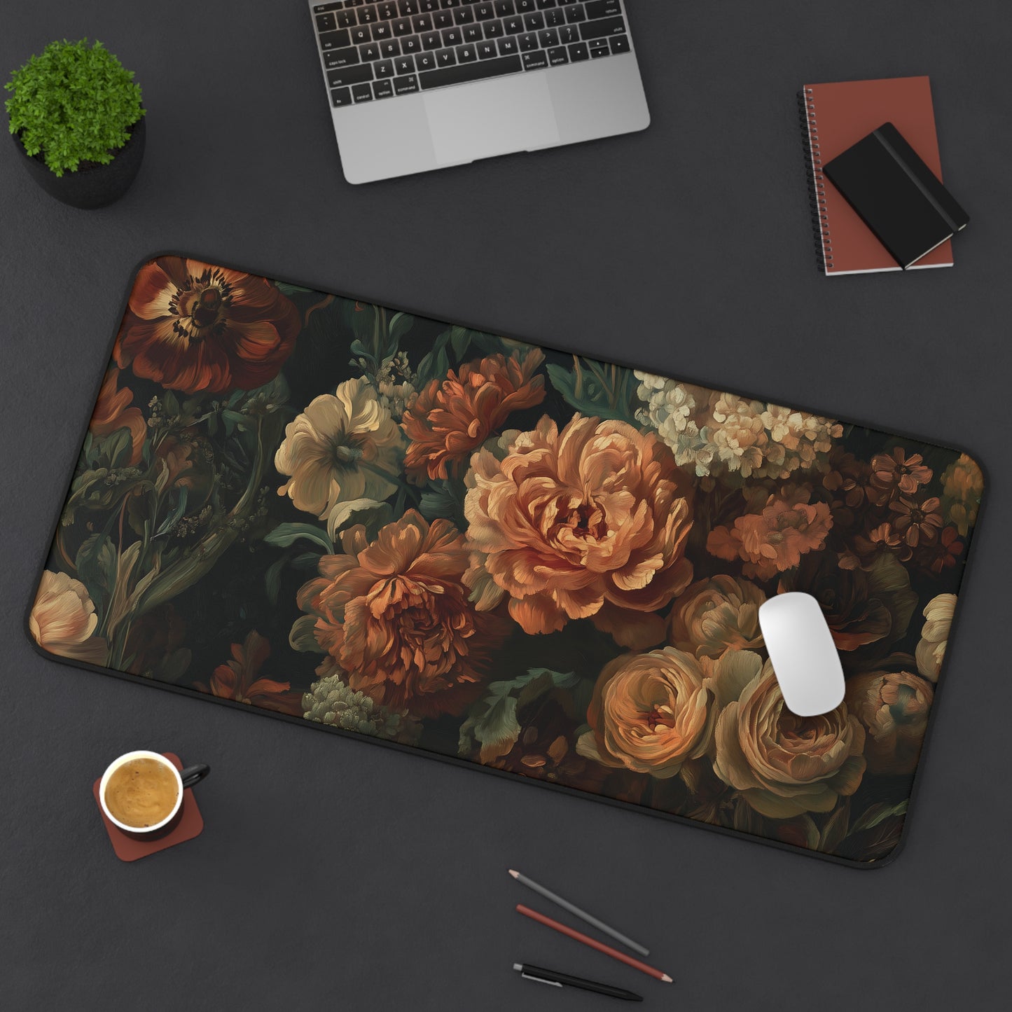 Artistic Floral Desk Mat, Vintage Rococo Flowers Mouse Pad, Elegant Desk Decor
