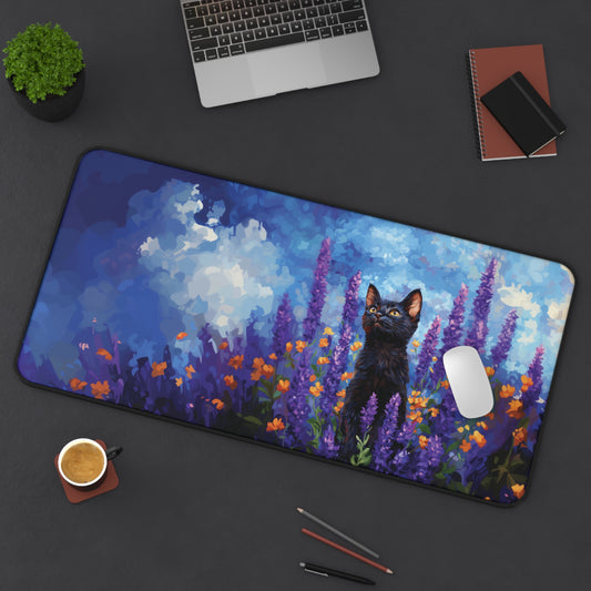 Cat Lavander Desk Mat, Flowers Aesthetic Mouse Pad, Keyboard Mat for Cat Lovers