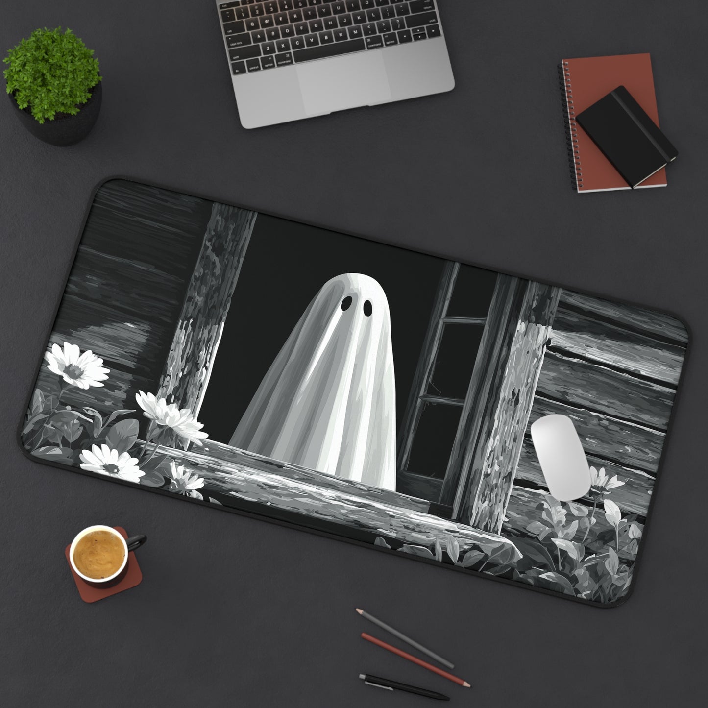 Black and White Ghost Desk Mat for Halloween Office Decor