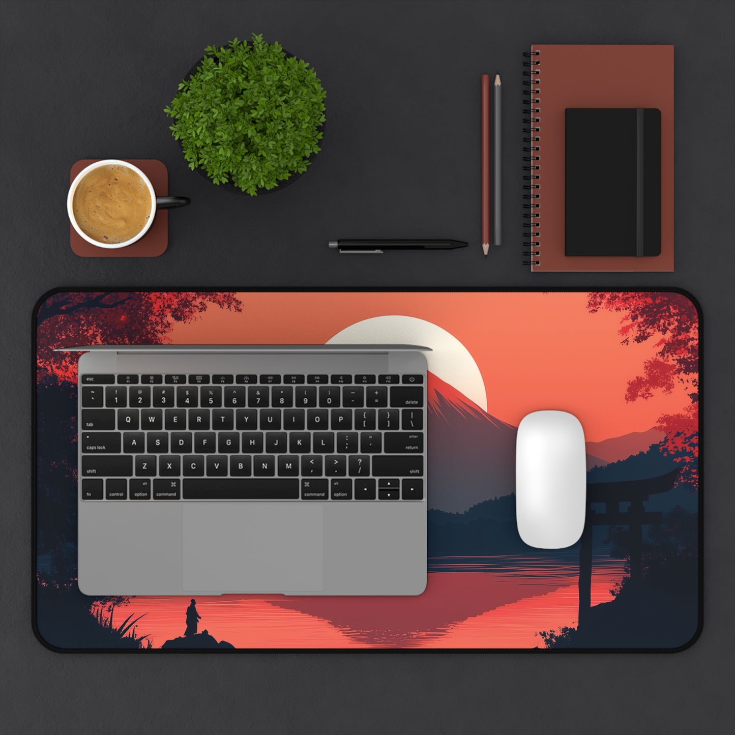 Japanese Landscape Desk Mat, Mountain and Samurai Gaming Desk Pad