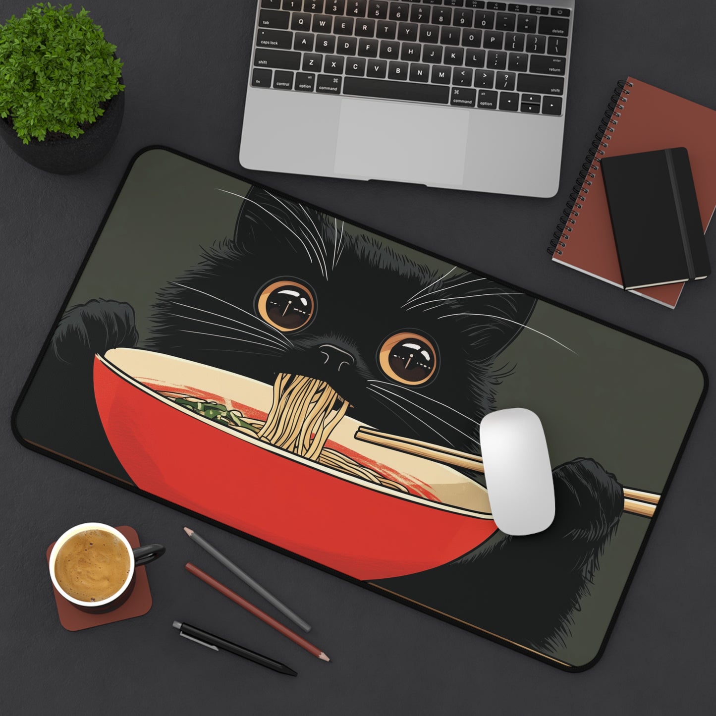 Black Cat Eating Ramen Desk Mat, Anime Mouse Pad for Cat Lovers