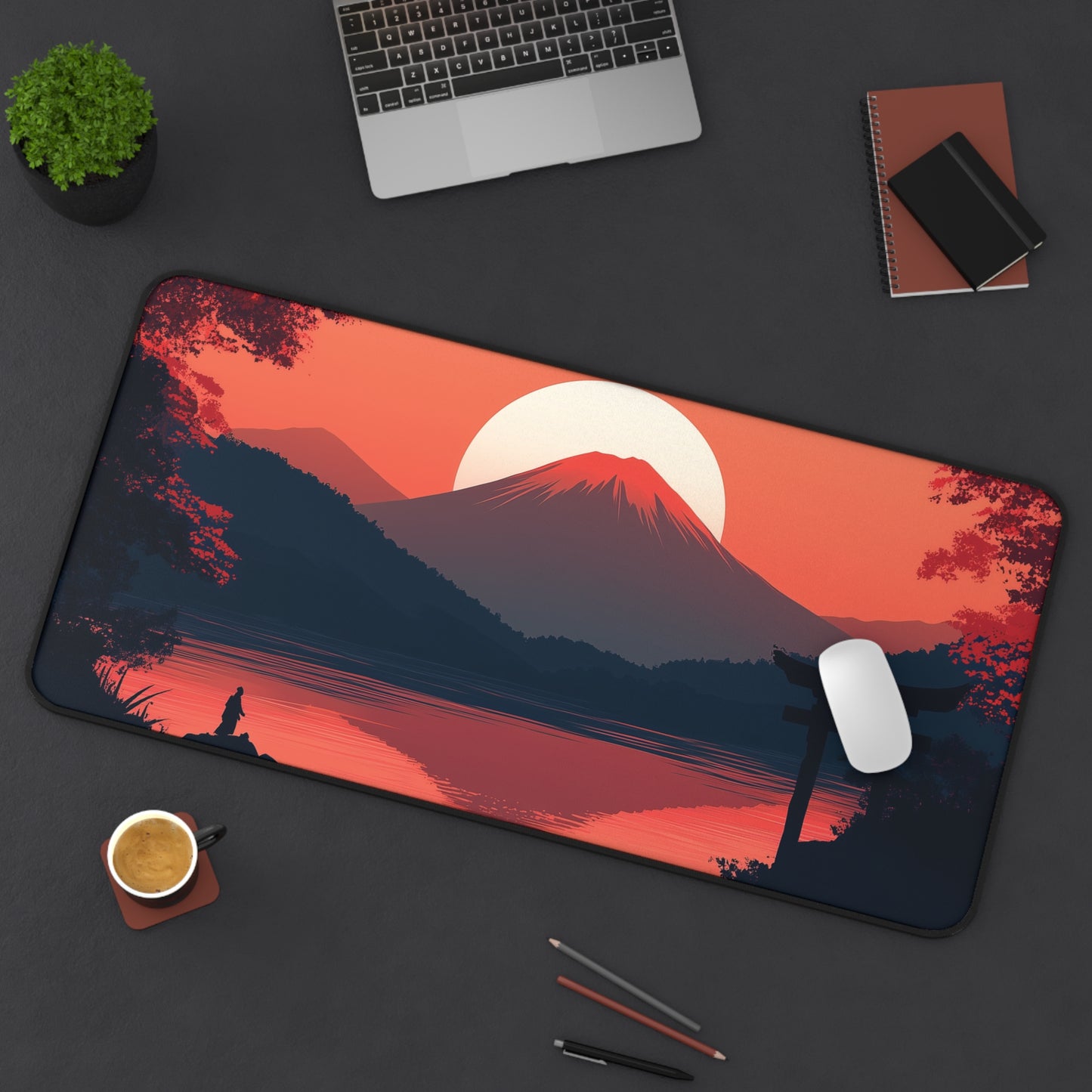 Japanese Landscape Desk Mat, Mountain and Samurai Gaming Desk Pad