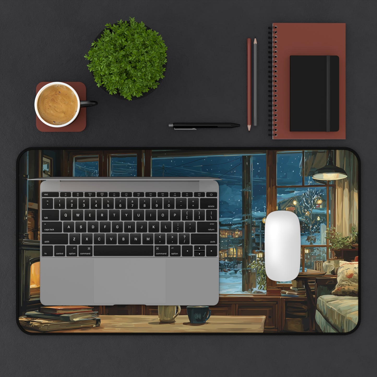 Cozy Winter Cat Desk Pad Anime Style, Christmas Office Decor