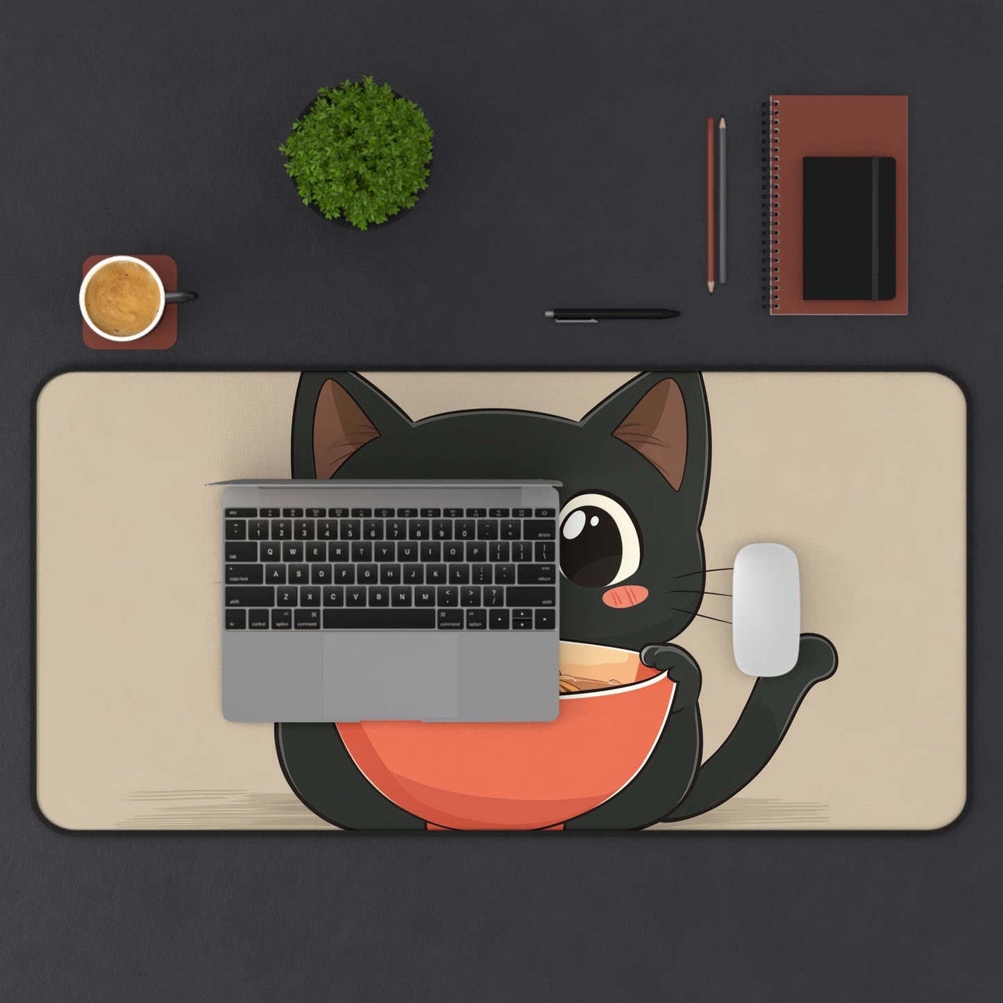 Cute Black Cat Desk Mat, Kawaii Mouse Pad for Cat Lovers, Black Cat Eating Ramen Desk Pad