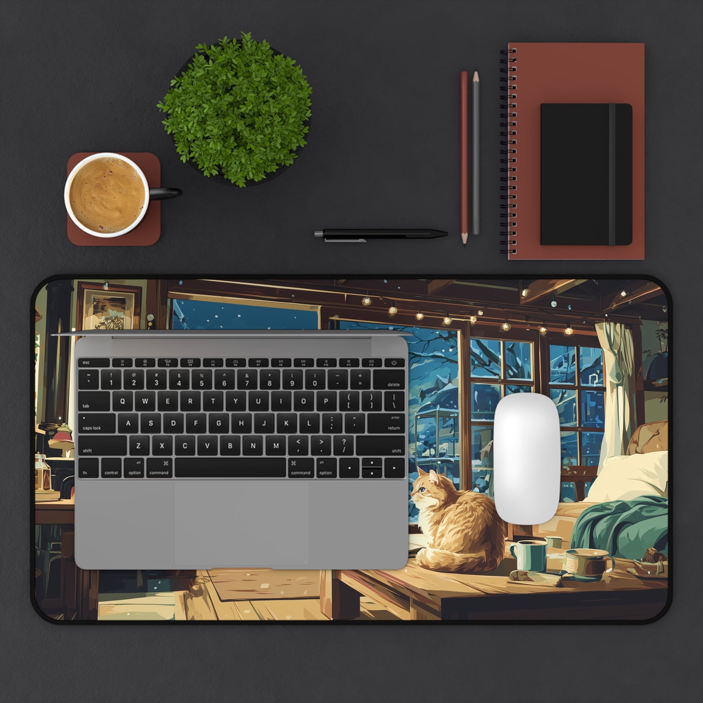 Winter Cat Desk Mat, Snowy Mouse Pad for Cat Lovers