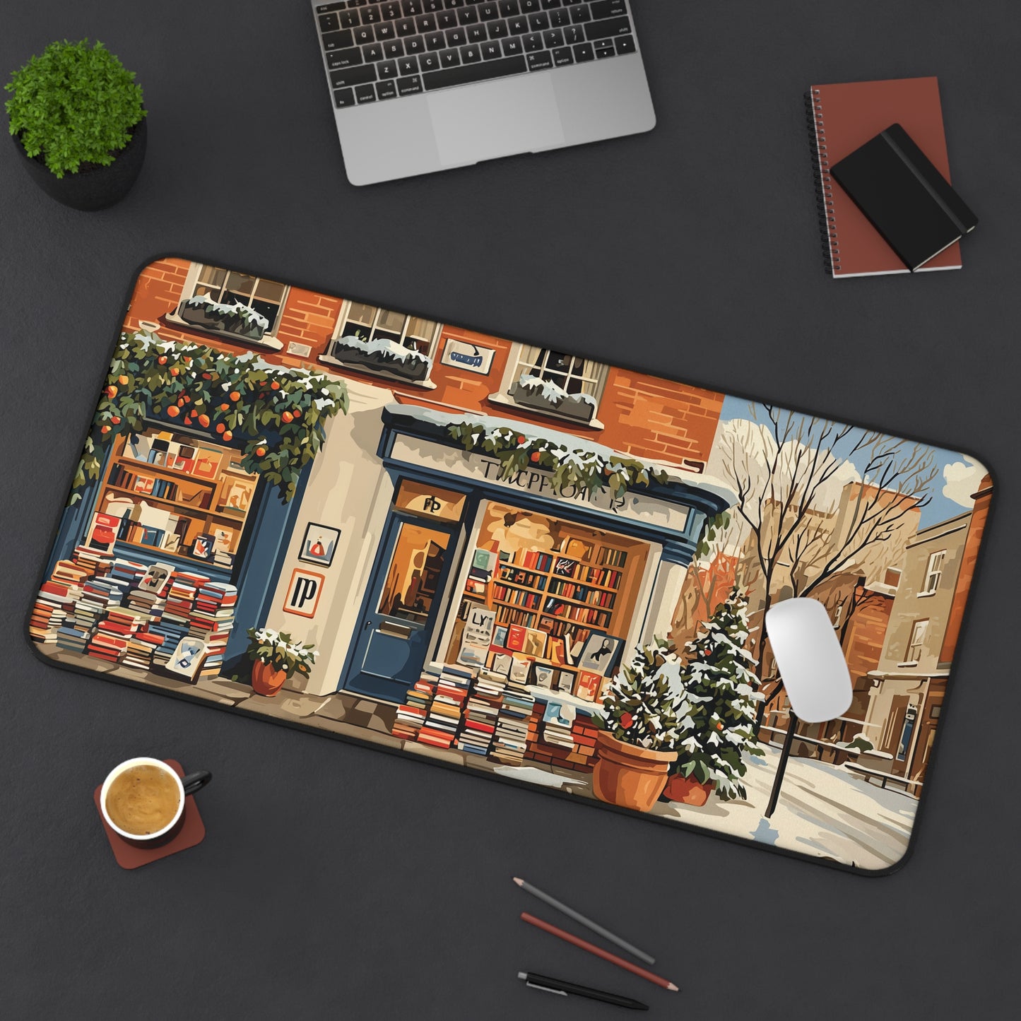 Cozy Winter Bookstore Desk Mat, Christmas Desk Decor