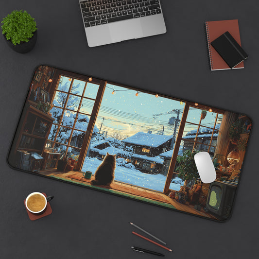 Cozy Winter Cat Desk Mat, Christmas Office Decor for Cat Lovers