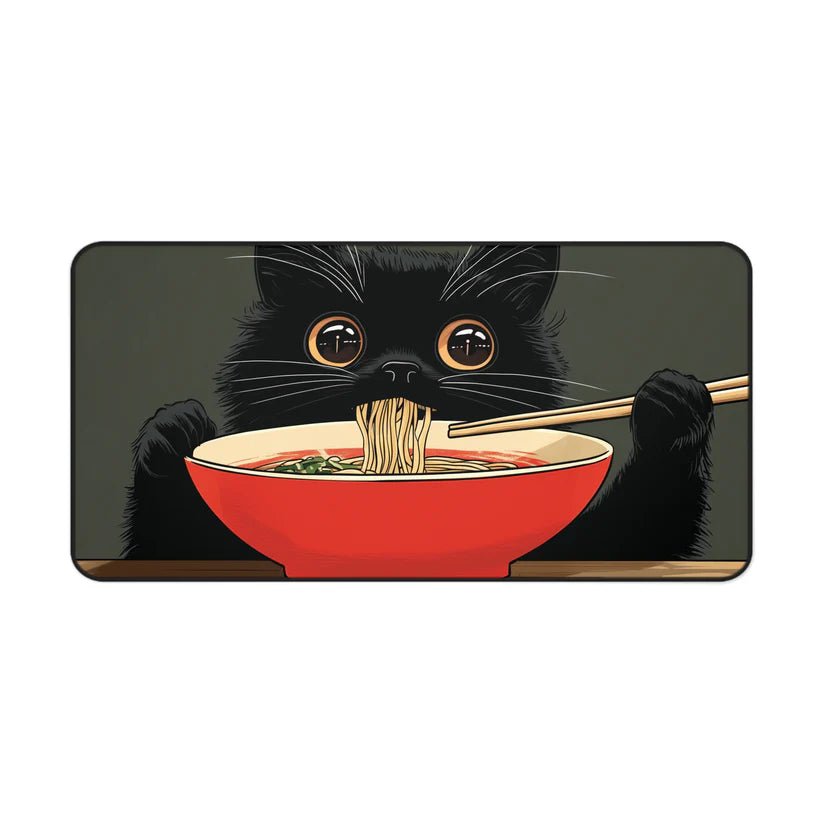 Cat eating ramen desk mat with black cat face and red bowl illustration