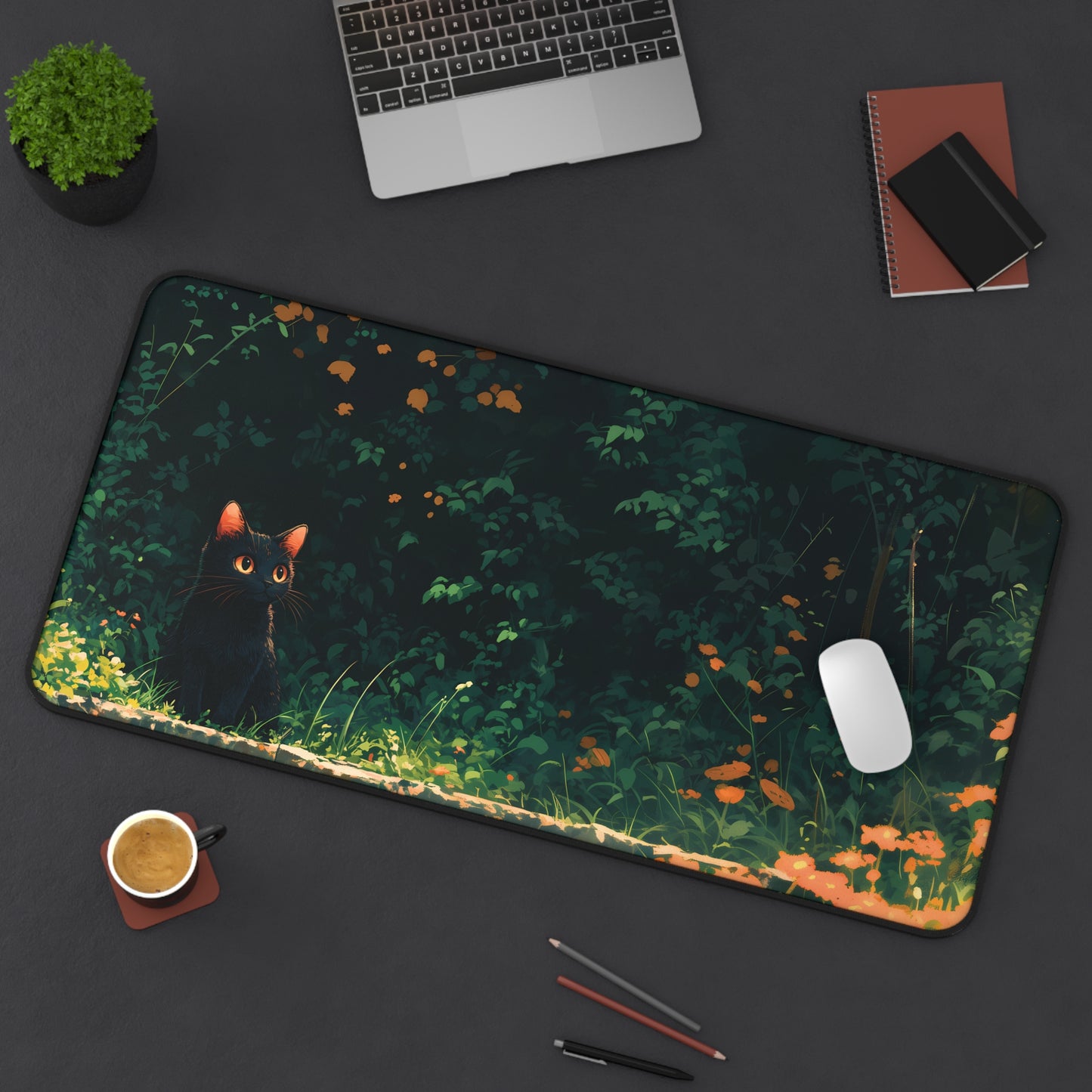 Dark Garden Desk Mat, Black Cat Mouse Pad Lofi, Aesthetic Plants Desk Pad