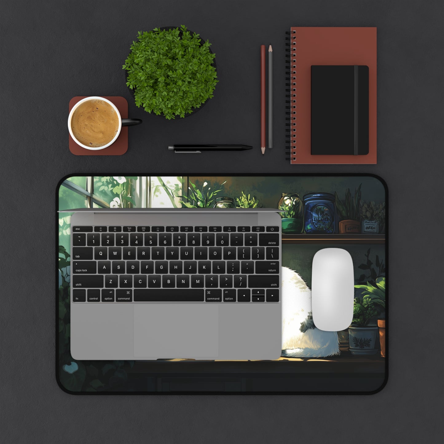White Cat Desk Mat, Lofi Gaming Mouse Pad XL for Cat Lover