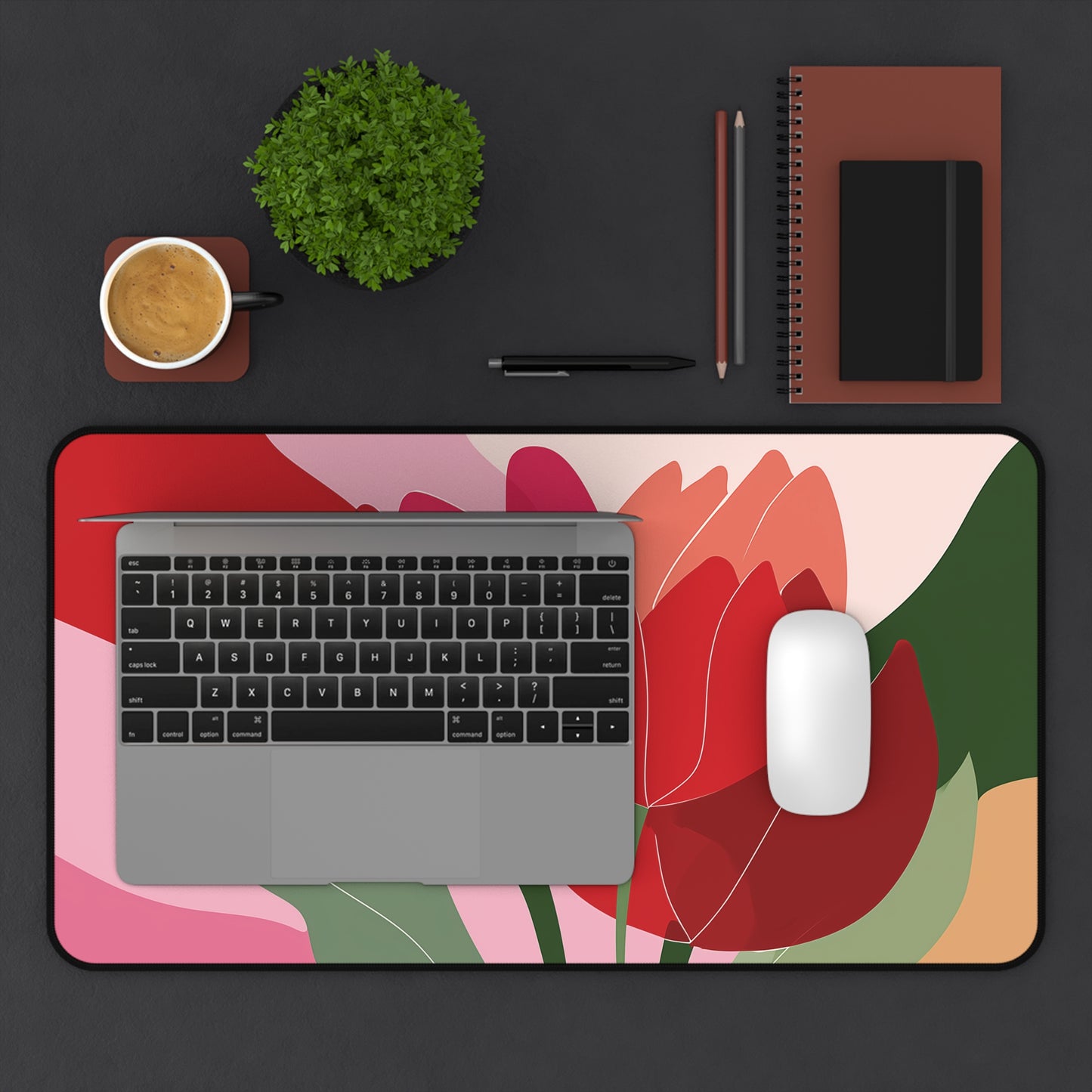 Abstract Tulip Desk Mat, Red & Pink Floral Mouse Pad