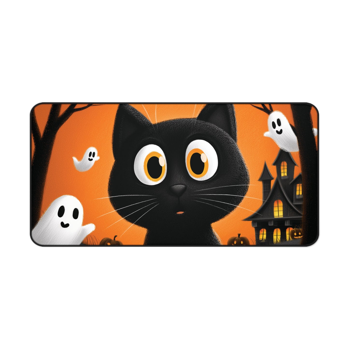 Spooky Black Cat with Ghosts Desk Mat for Halloween