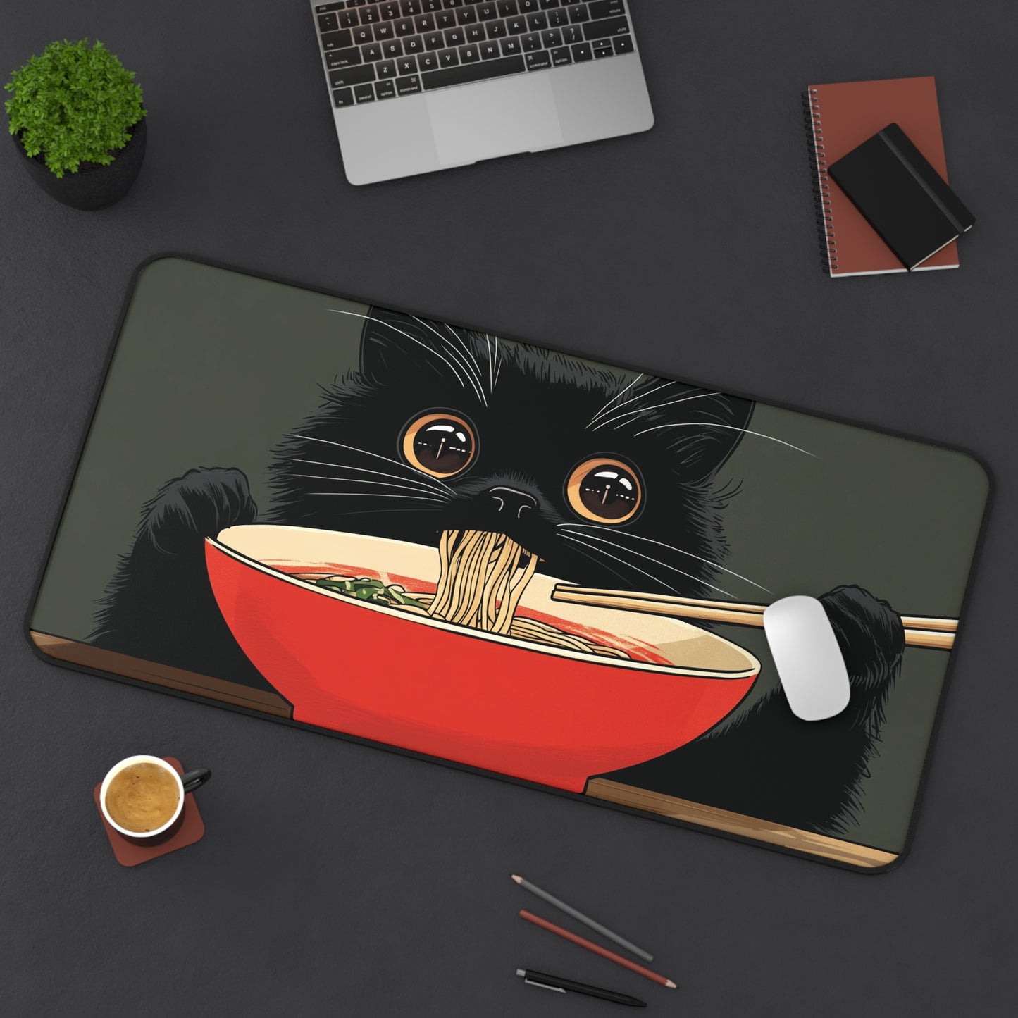 Black Cat Eating Ramen Desk Mat, Anime Mouse Pad for Cat Lovers