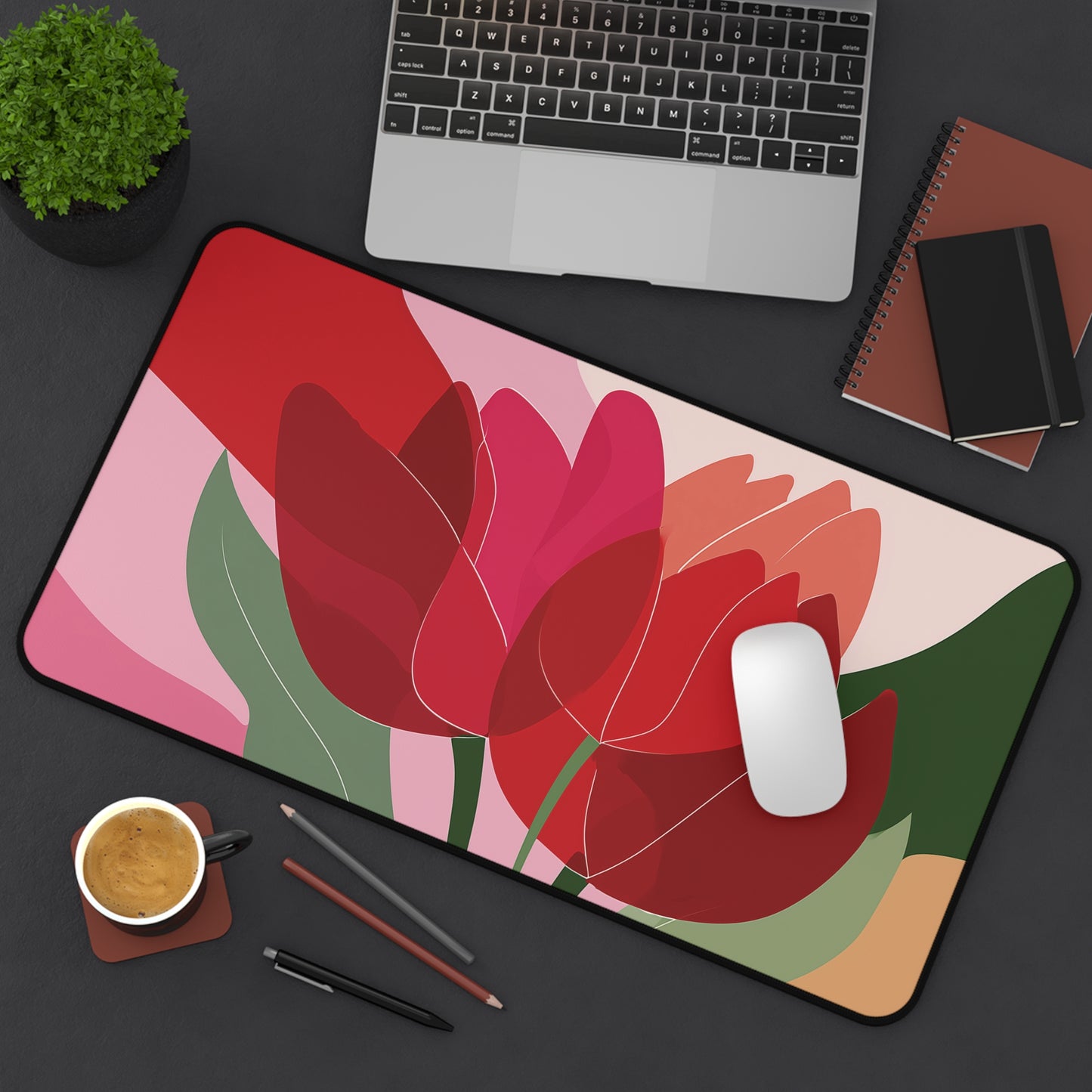 Abstract Tulip Desk Mat, Red & Pink Floral Mouse Pad