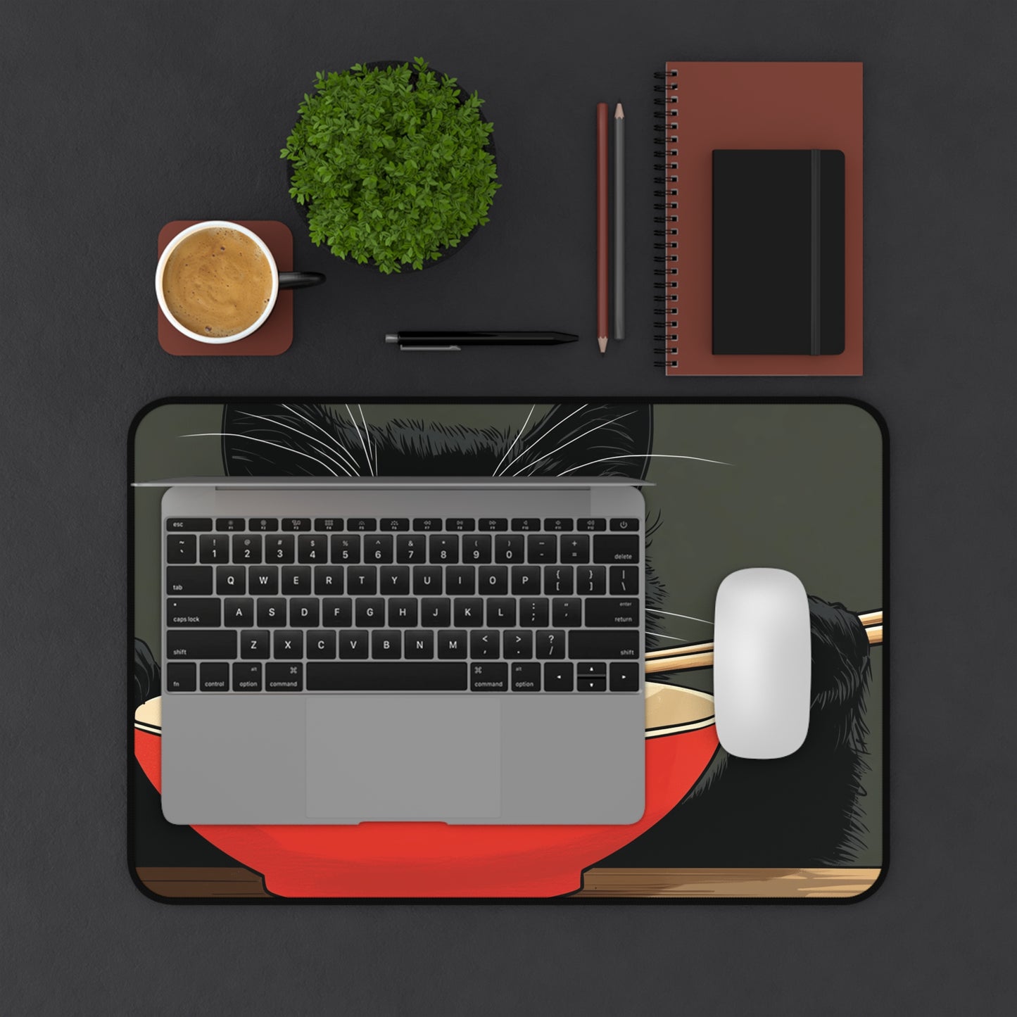 Black Cat Eating Ramen Desk Mat, Anime Mouse Pad for Cat Lovers