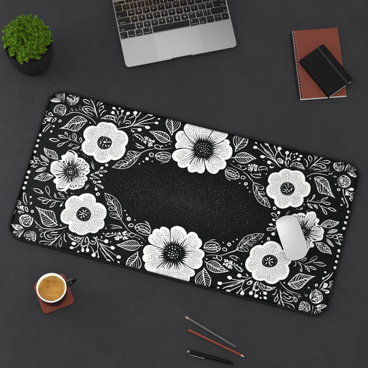Black & White Floral Desk Mat: Hand-Drawn Botanical Mouse Pad