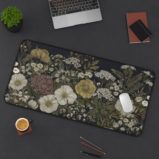 Vintage Wildflowers Desk Pad, Dark Cottagecore Mouse Pad
