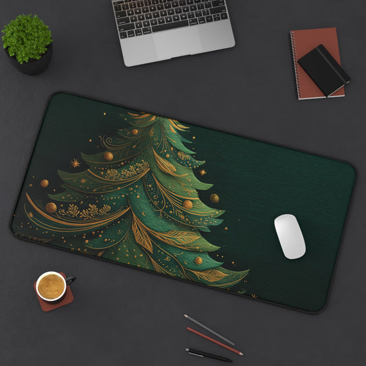 Christmas Tree Desk Mat, Green and Gold Holiday Desk Pad