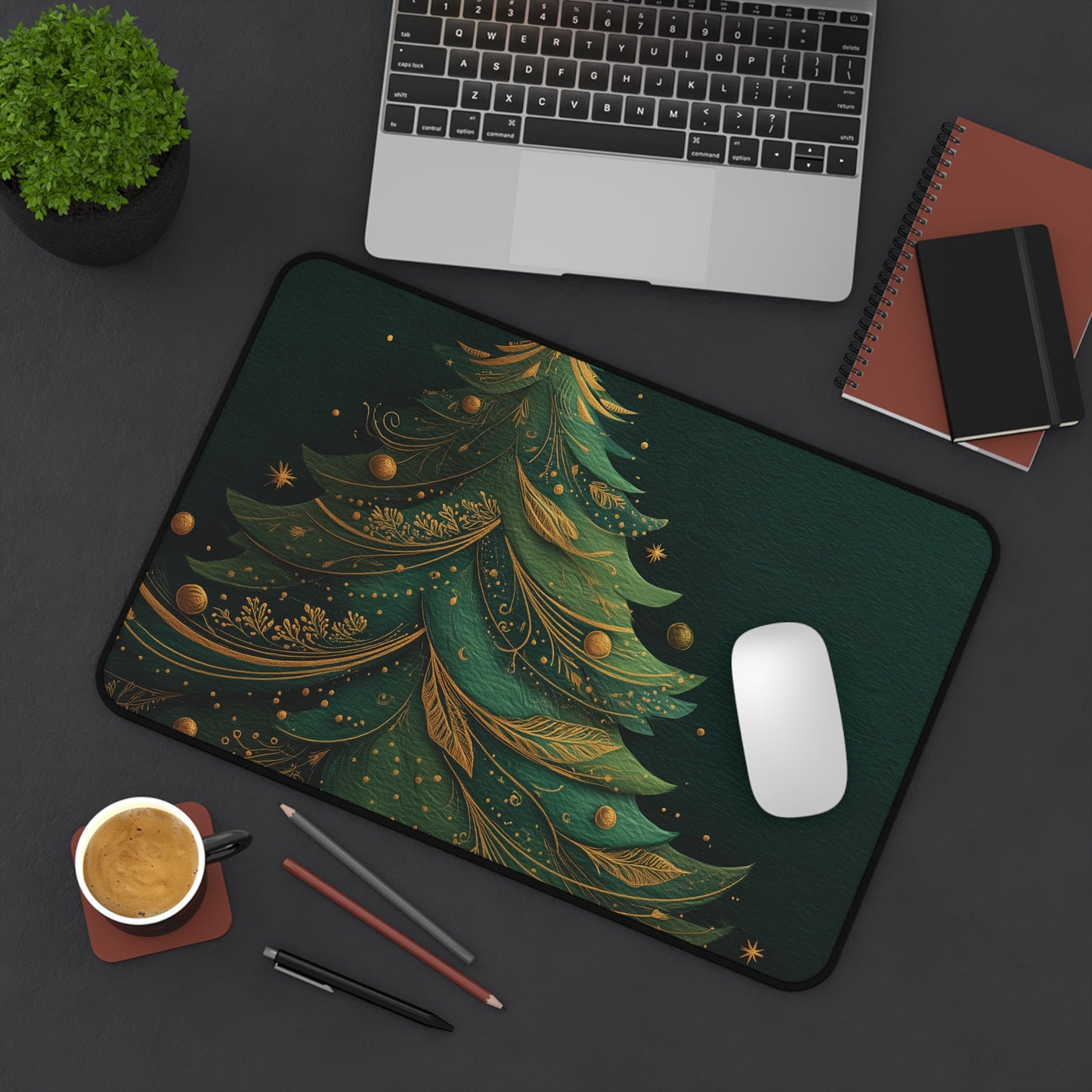 Christmas Tree Desk Mat, Green and Gold Holiday Desk Pad