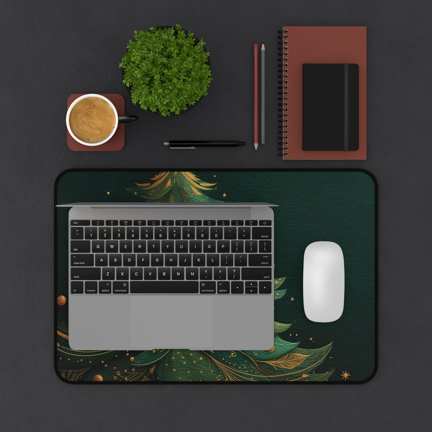 Christmas Tree Desk Mat, Green and Gold Holiday Desk Pad