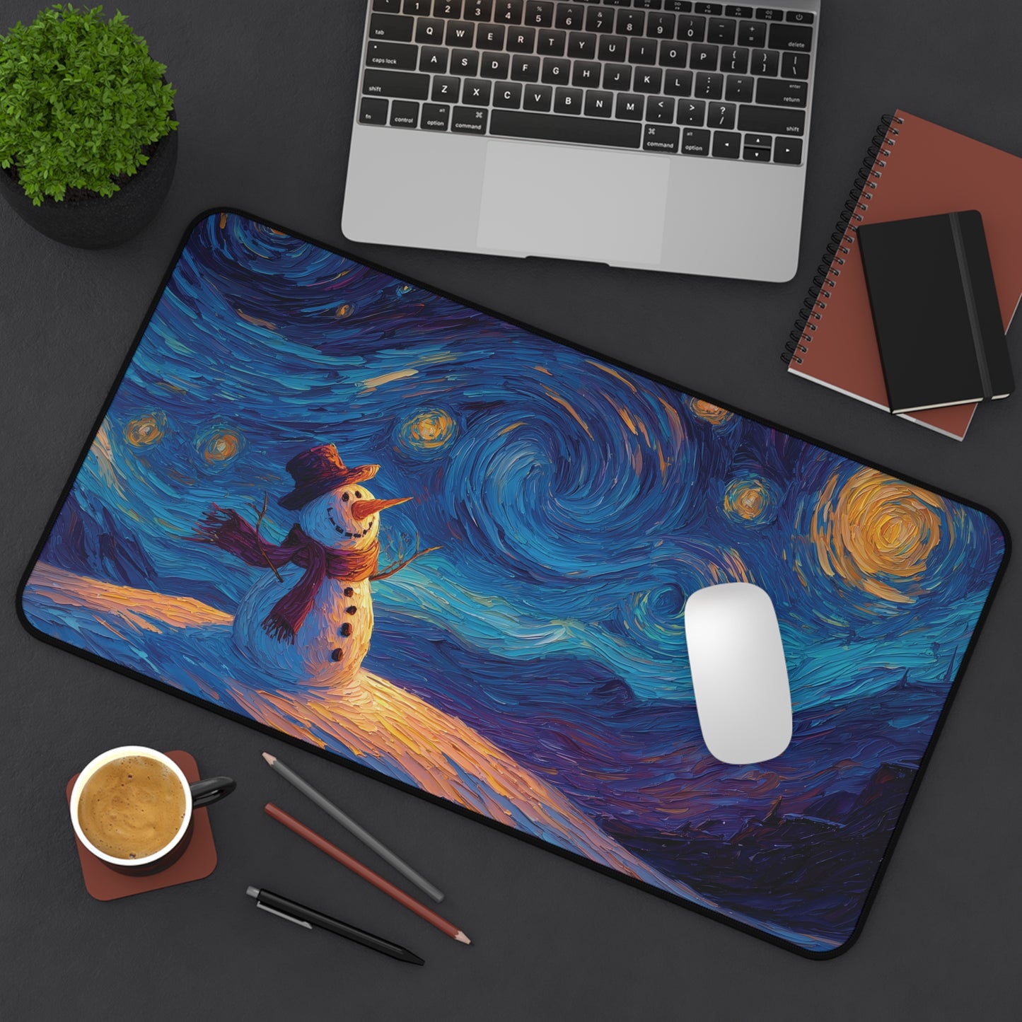 Snowman Desk Mat, Starry Christmas Night Mouse Pad