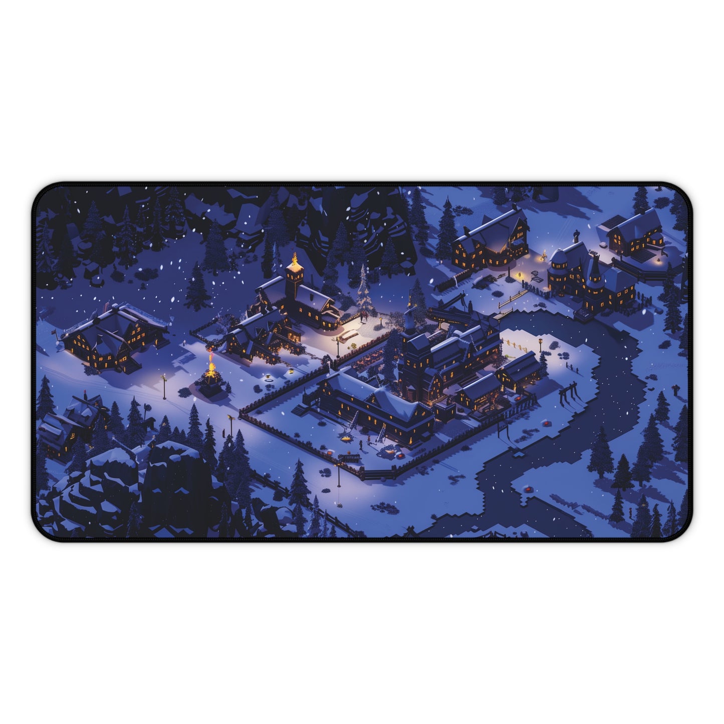 Pixel Art Snowy Winter Village Desk Mat, Christmas Mouse Pad