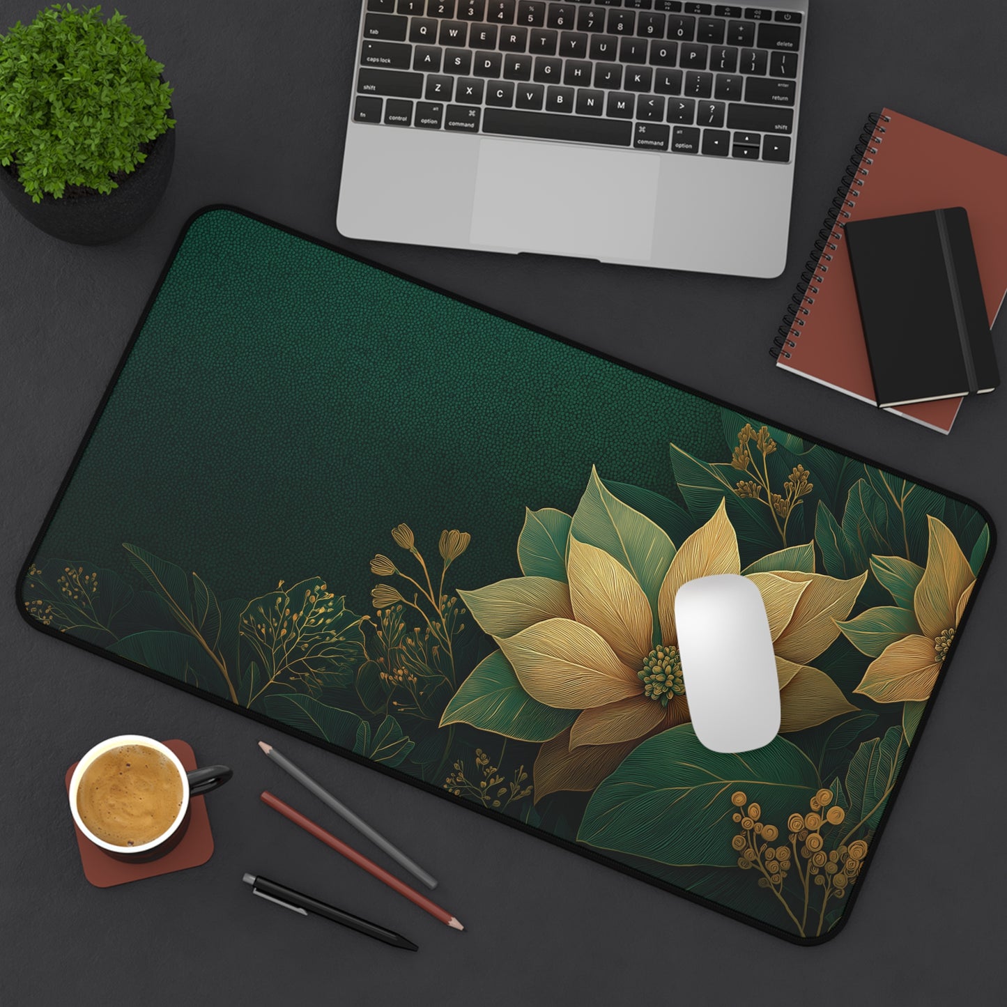 Floral Christmas Desk Mat, Green & Gold Festive Desk Pad