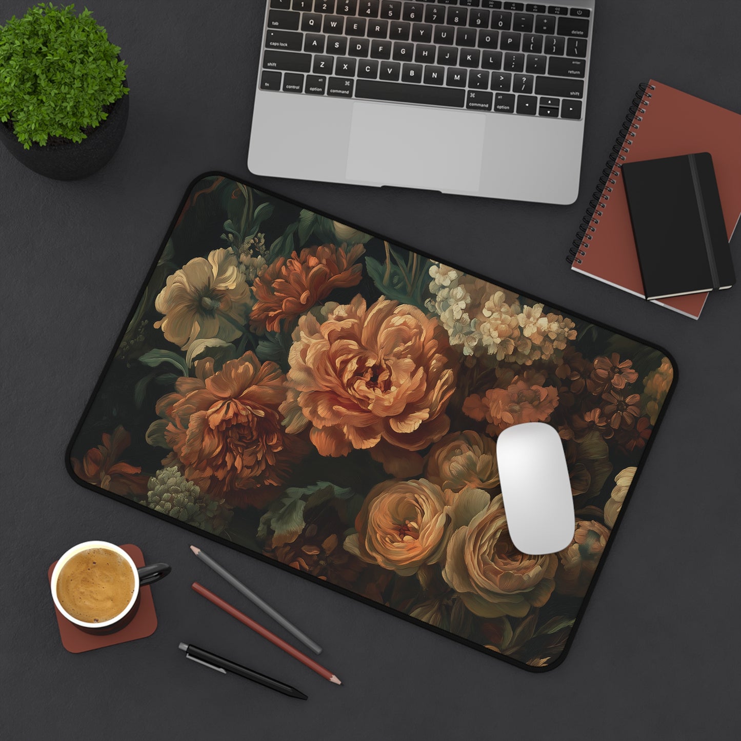 Artistic Floral Desk Mat, Vintage Rococo Flowers Mouse Pad, Elegant Desk Decor