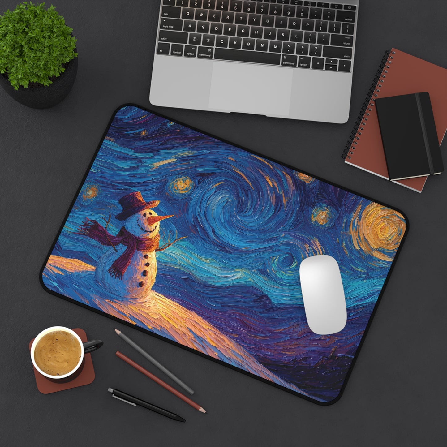 Snowman Desk Mat, Starry Christmas Night Mouse Pad