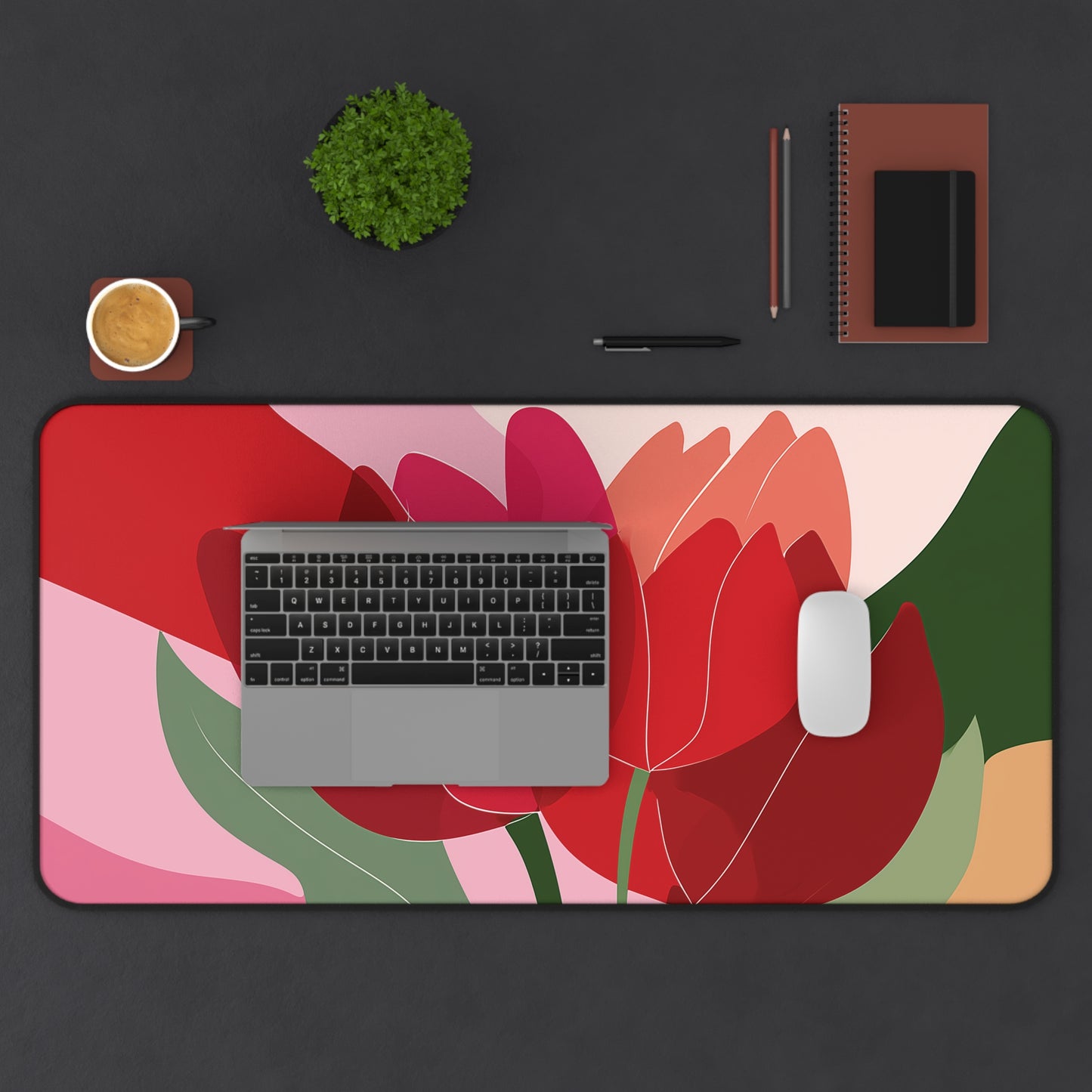 Abstract Tulip Desk Mat, Red & Pink Floral Mouse Pad