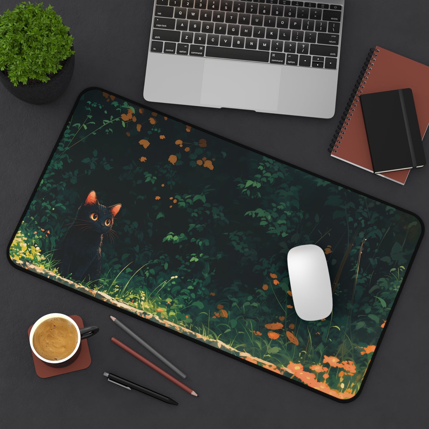 Dark Garden Desk Mat, Black Cat Mouse Pad Lofi, Aesthetic Plants Desk Pad