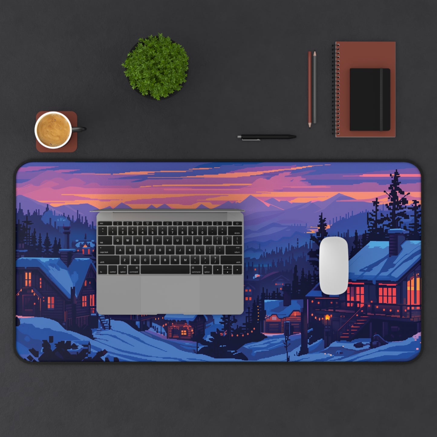 Pixel Art Snowy Mountain Desk Mat, Christmas Office Decor
