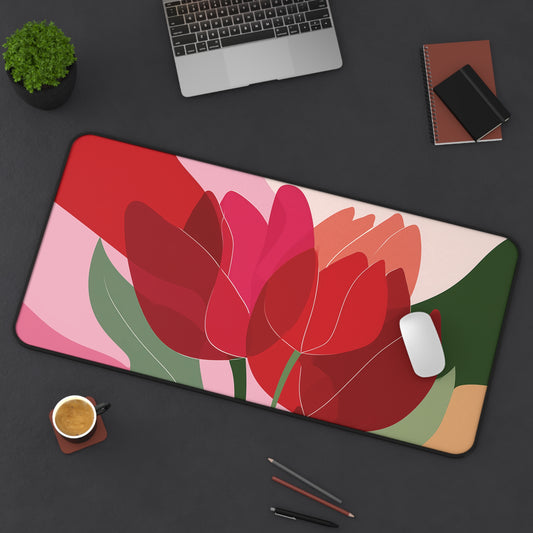 Abstract Tulip Desk Mat, Red & Pink Floral Mouse Pad