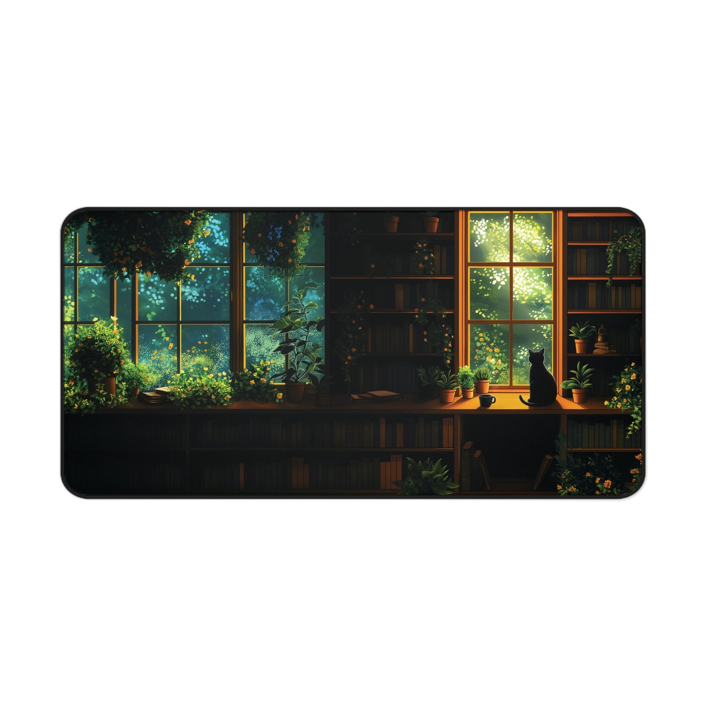 Cat Library Desk Mat, Cat and Plants Desk Pad, Dark Academia Keyboard Mat