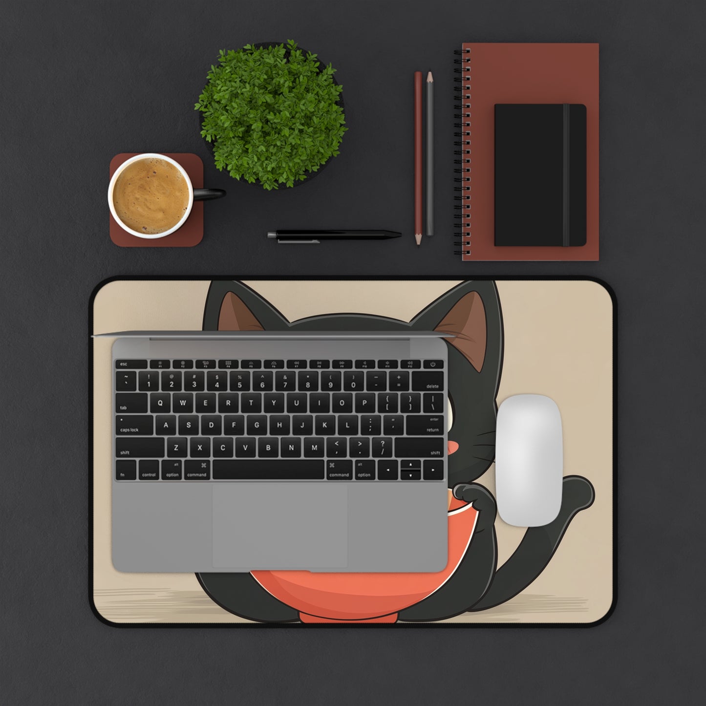 Cute Black Cat Desk Mat, Kawaii Mouse Pad for Cat Lovers, Black Cat Eating Ramen Desk Pad