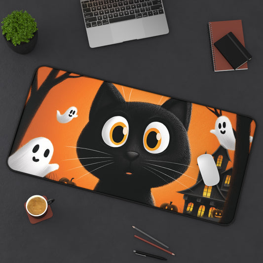 Spooky Black Cat with Ghosts Desk Mat for Halloween