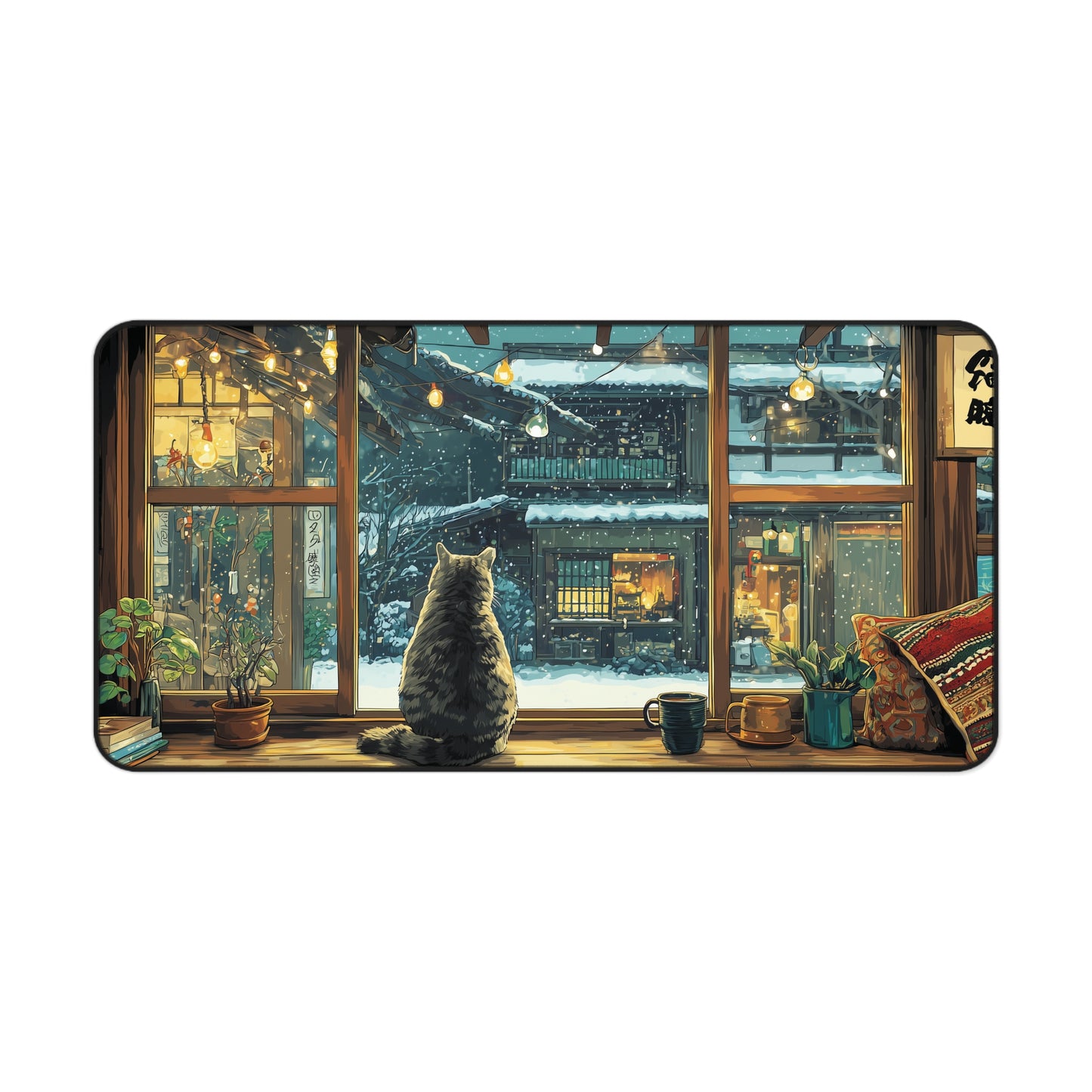 Cozy Cat Desk Mat, Anime Style Snowy Desk Pad for Cat Lovers