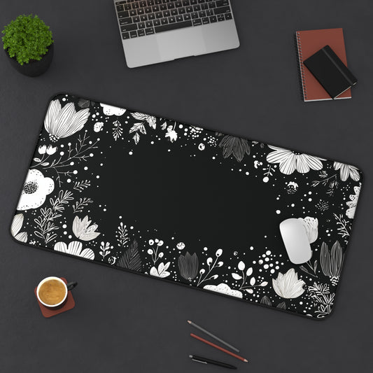 Night Garden Desk Mat: Whimsical White Flowers on Black