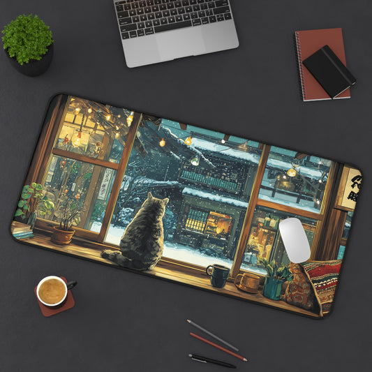 Cozy Cat Desk Mat, Anime Style Snowy Desk Pad for Cat Lovers