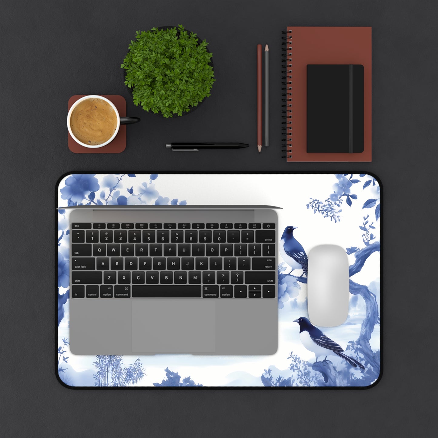 Floral Blue Landscape Chinoiserie Desk Mat